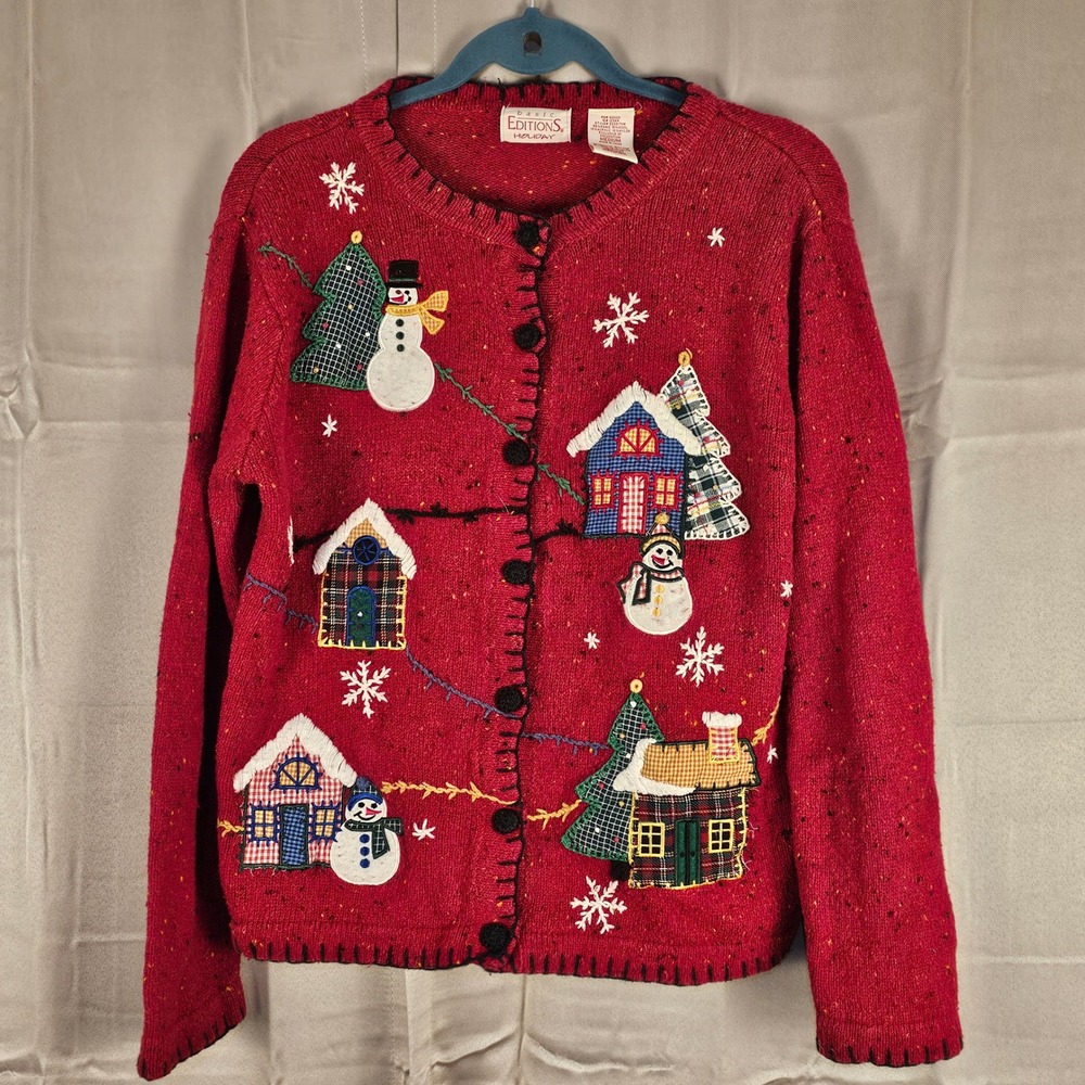 Vintage Basic Editions Holiday Red Embroidered Wool Blend Christmas Cardigan Med